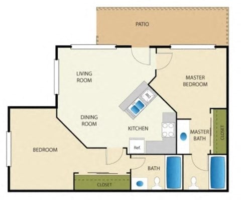 Floor plan for 2 beds, 2 baths, 675 sqft